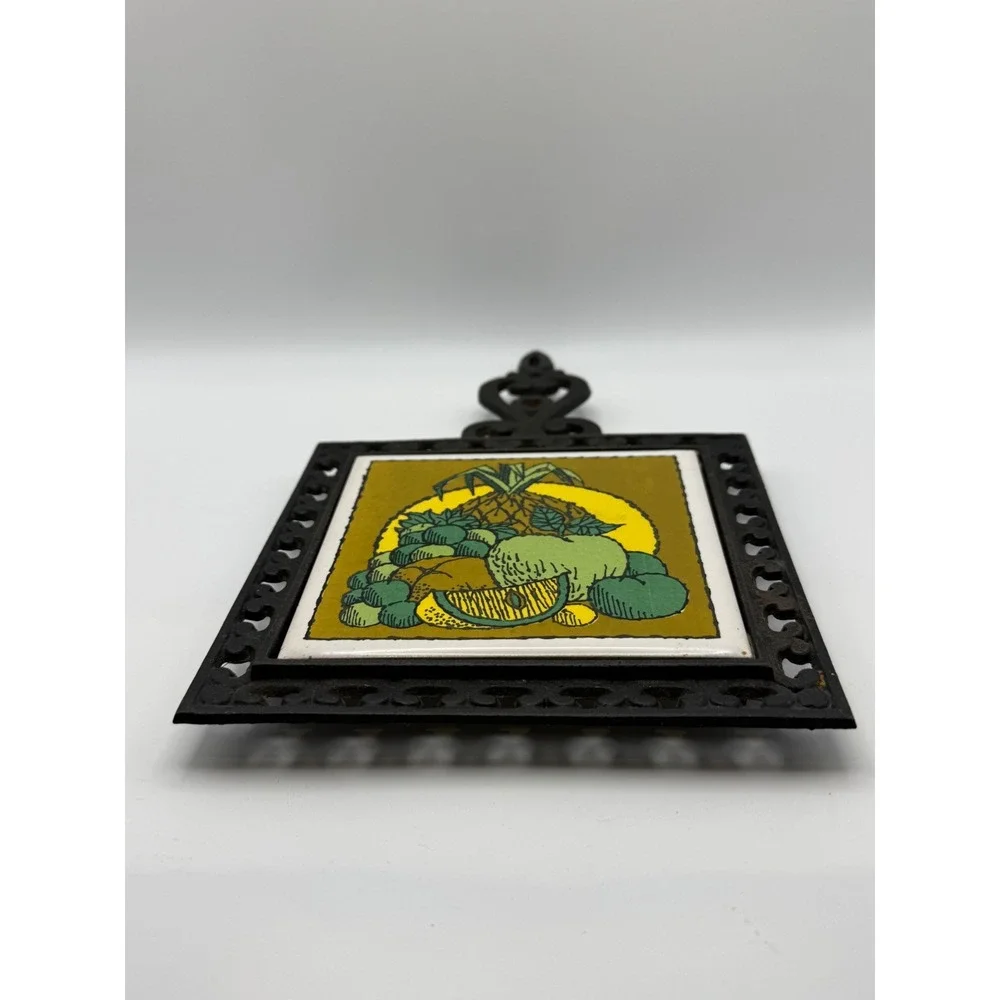 Vintage Howard Holt Cast Iron Ceramic‎ Tile Trivet Fruit Pineapple Retro MCM